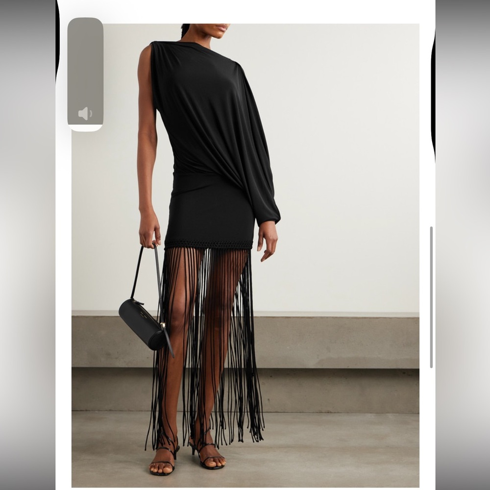Faithfull the Brand Black Colmar one sleeve fringed draped stretch jersey dress